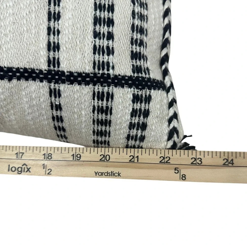 Woven Lumbar Pillow Black Cream Plaid Tassel Trim Textured Boho Accent 22x13